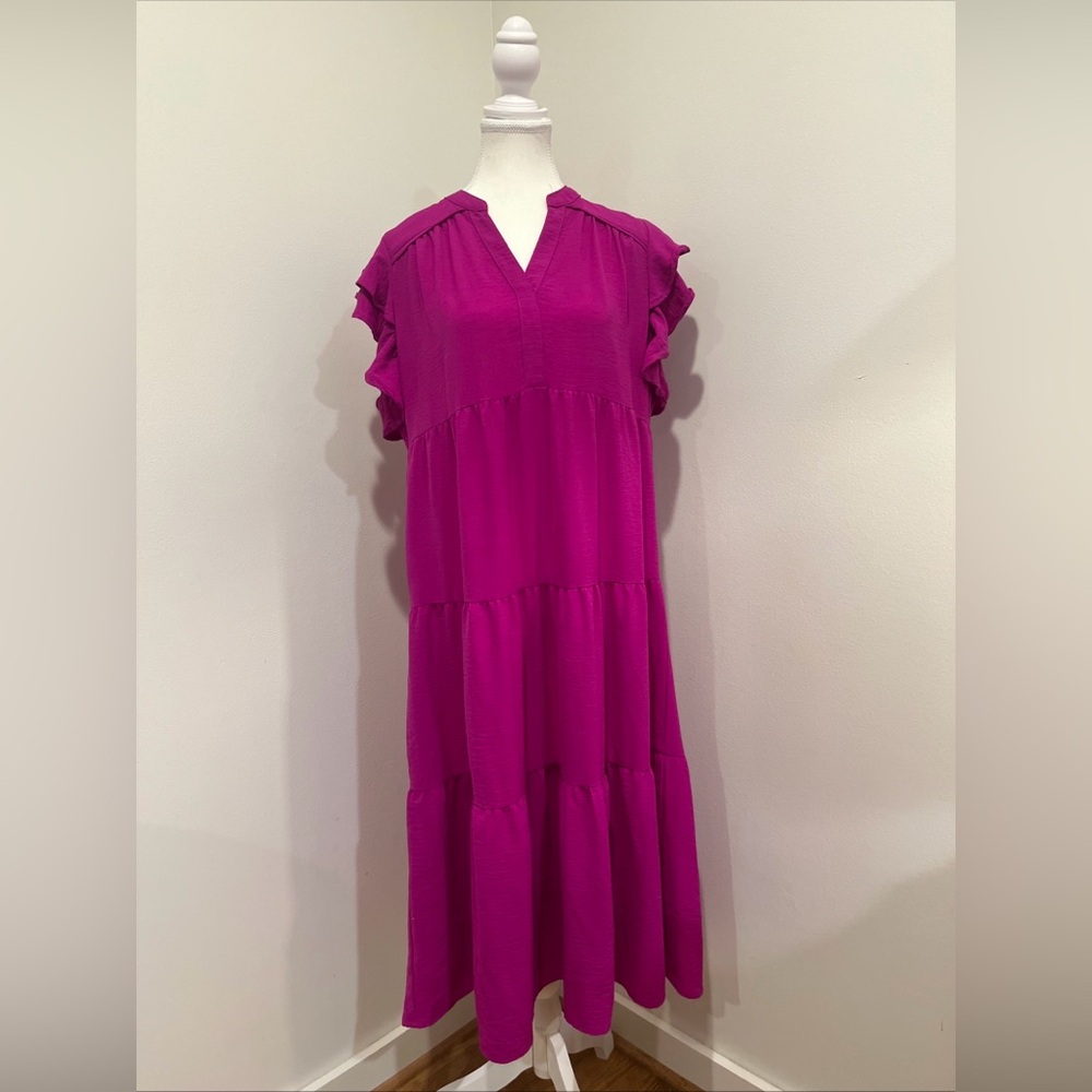 Umgee Fuchsia Tiered Midi Dress Ruffle Sleeve Split Neck Boho Spring M